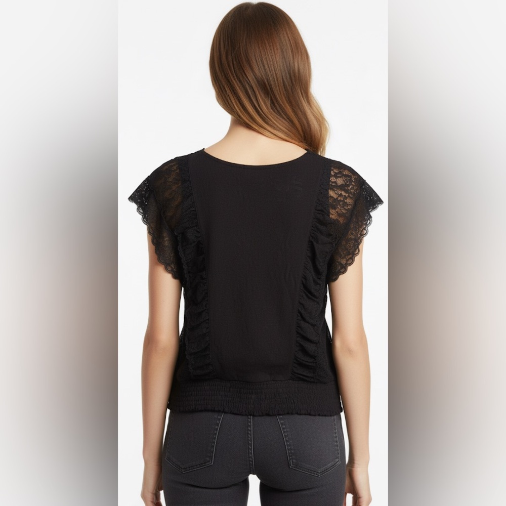 Free People black square neck lace trim short sleeve top size small - Picture 2 of 6